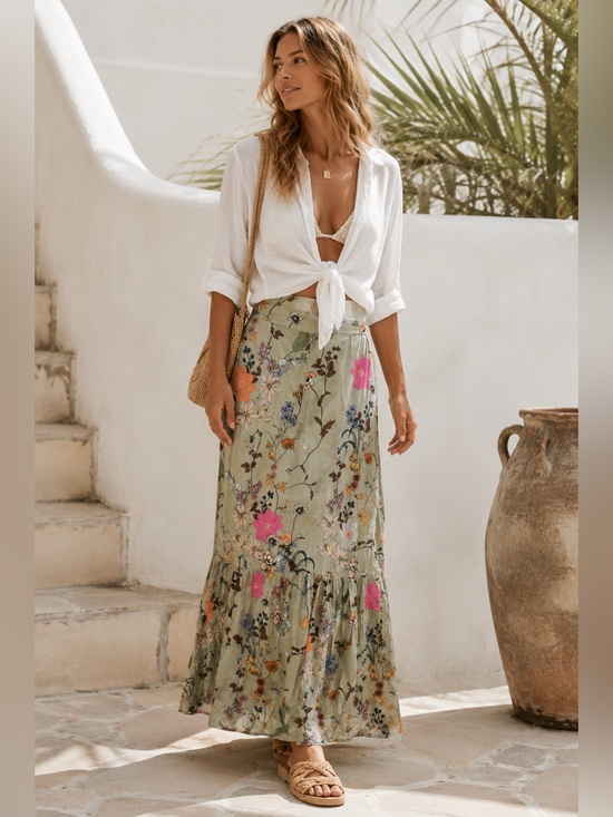 Kahora Dresses & Skirts - New! Kahora Palm Beach Lizzie Floral Tiered Maxi Skirt Green Floral 🌸 Medium